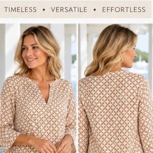 Charleston Shoe Co. Tunic Blouse top L Tan Geometric 3/4 Sleeve Steve Mayer boho